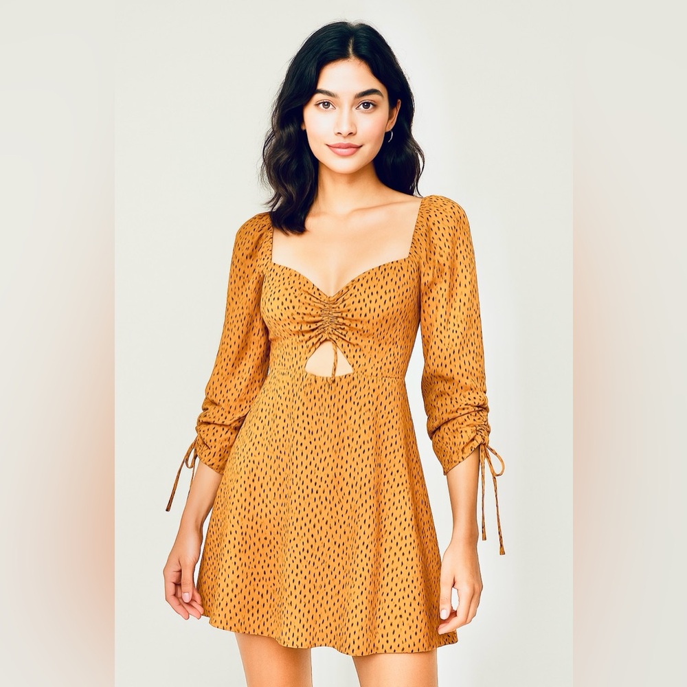 Le Lis Mini Dress Golden Mustard Cut Out Women's Small Ruched Sleeves Sweetheart
